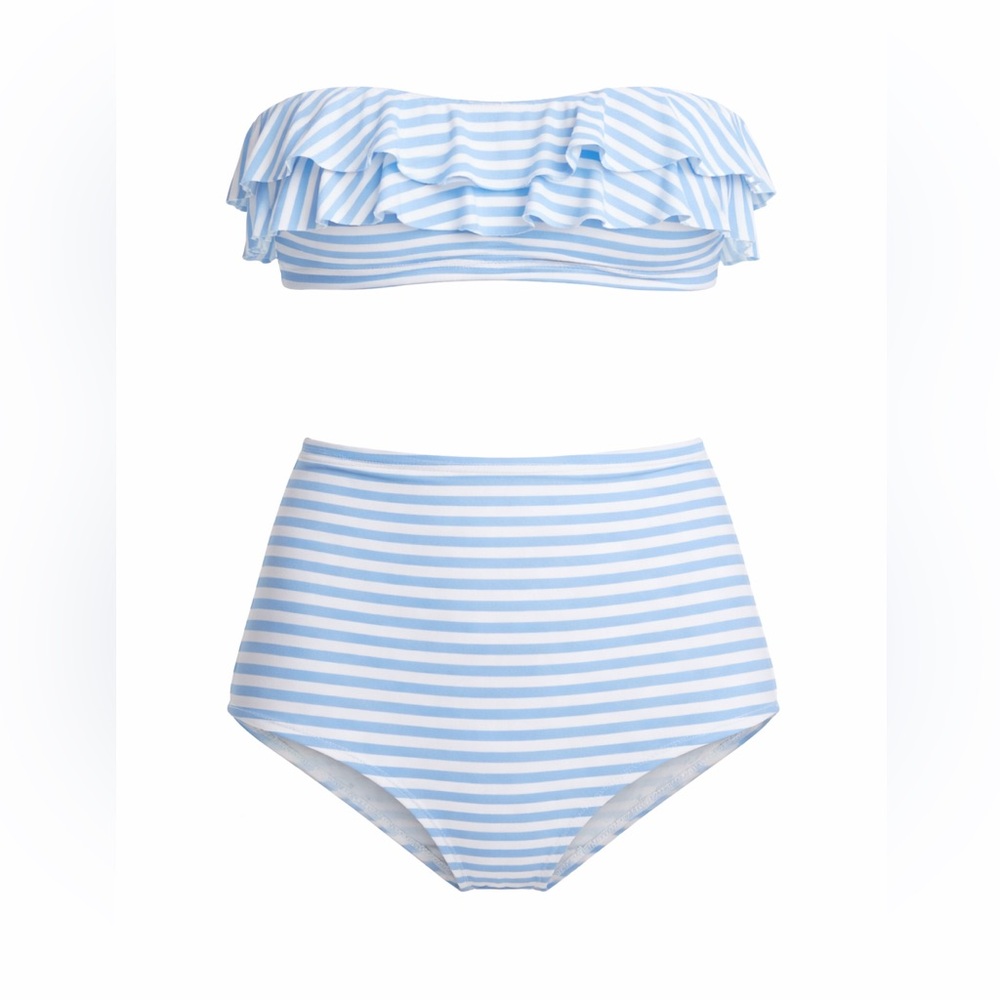 J Crew Ruffle Bandeau Top & Seamless High-waisted Bikini Bottom Sripe Set Sz M